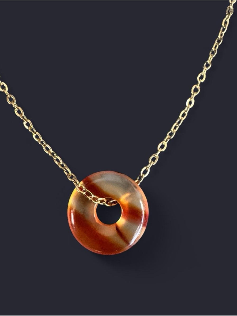 Red Striped Agate Donut Pendant Gold Necklace